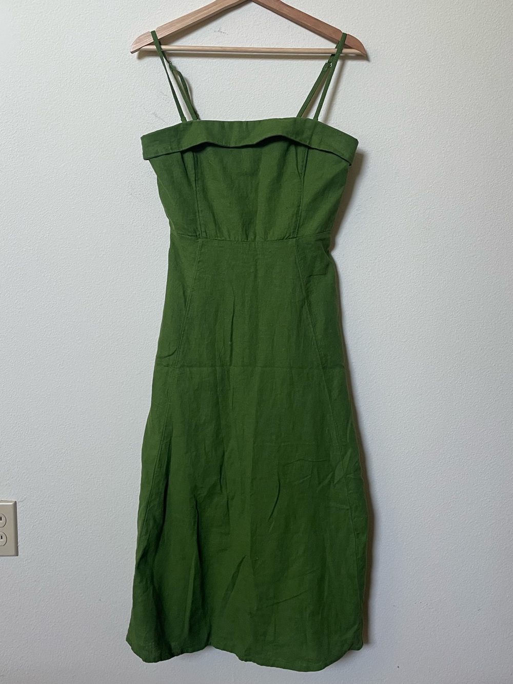 ABERCROMBIE & FITCH LINEN BLEND MIDI DRESS IN GREEN WITH DETACHABLE STRAPS - Picture 2 of 6